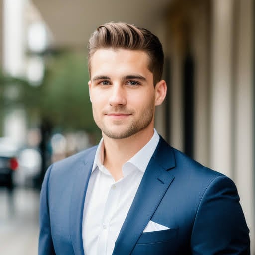 male model headshot with blue suit